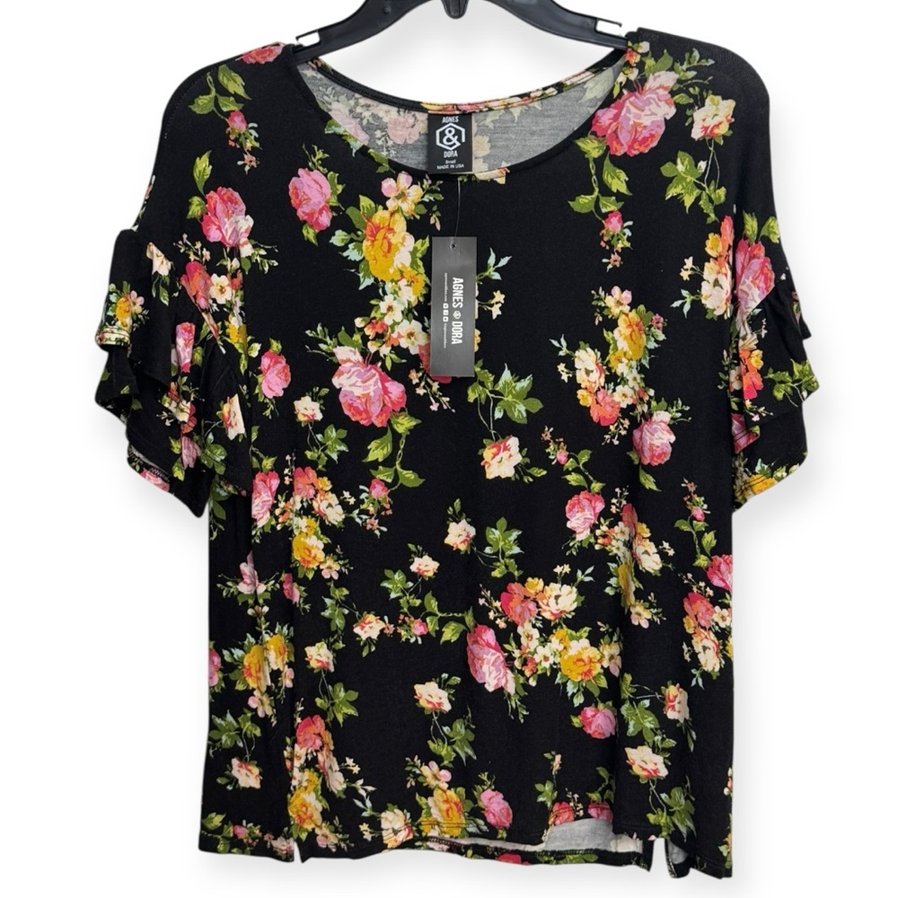 Agnes & Dora Black Floral Ruffled Blouse Size S